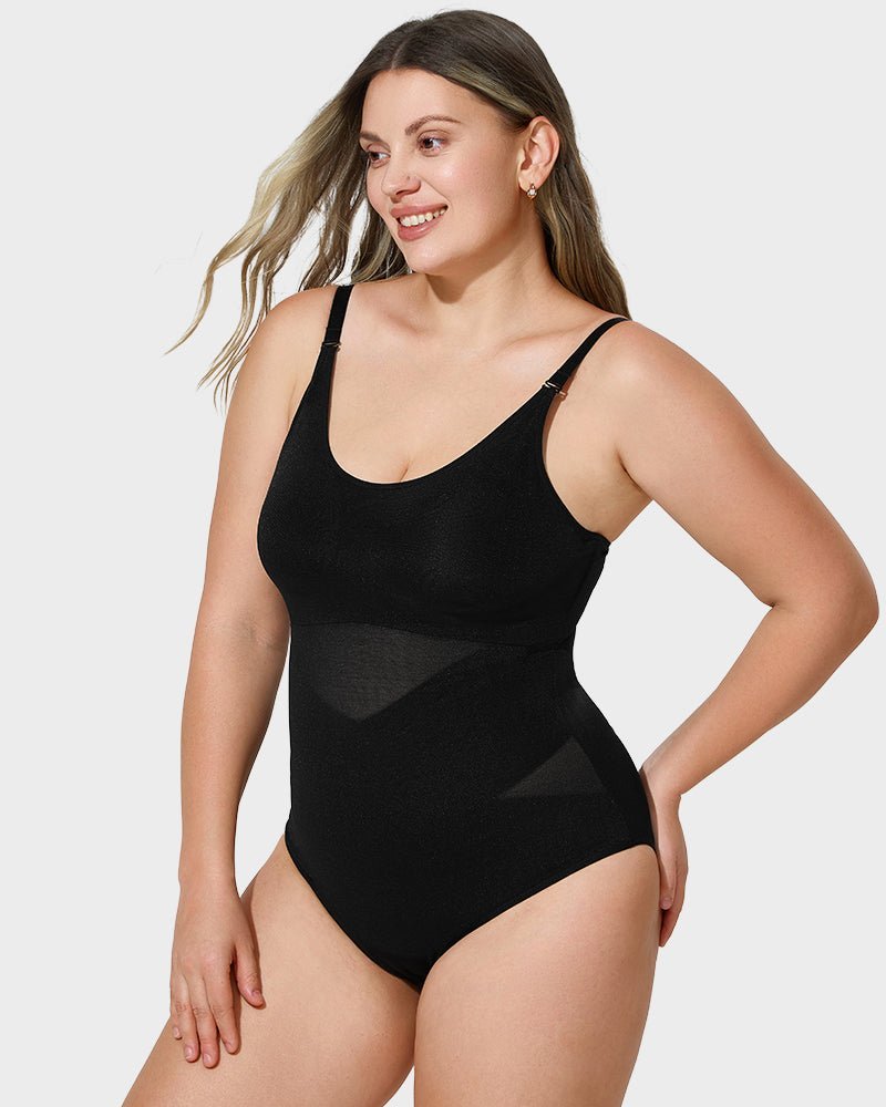 Criss - Cross Mesh Panel Sculpting Bodysuit - Komfortfit Bra