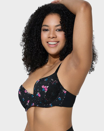 Deep V Lace Trim Full Coverage Push Up Bra - Komfortfit Bra
