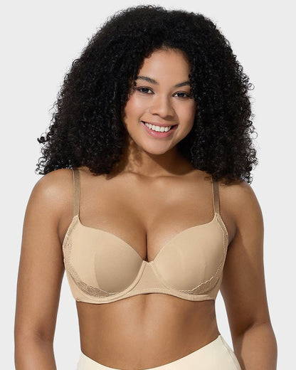 Deep V Lace Trim Full Coverage Push Up Bra - Komfortfit Bra