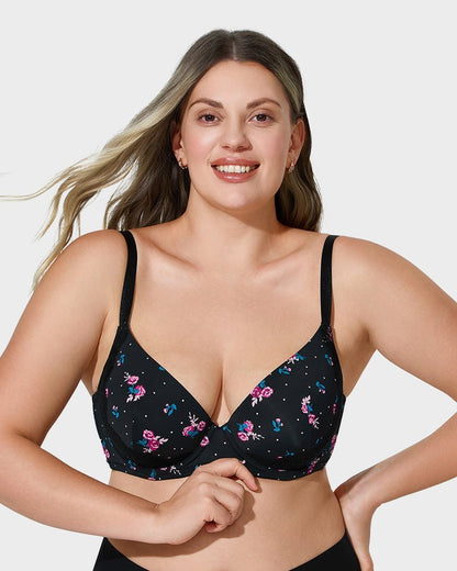 Deep V Lace Trim Full Coverage Push Up Bra - Komfortfit Bra