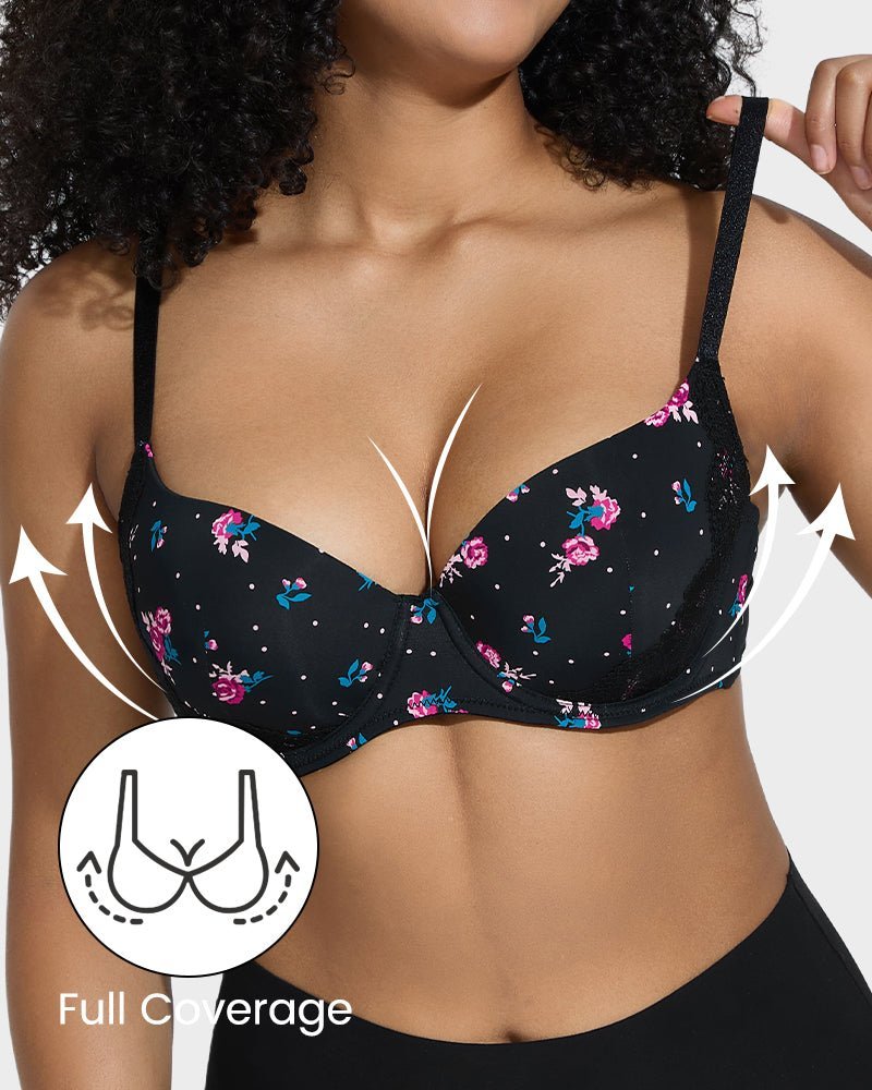 Deep V Lace Trim Full Coverage Push Up Bra - Komfortfit Bra