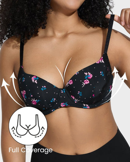 Deep V Lace Trim Full Coverage Push Up Bra - Komfortfit Bra