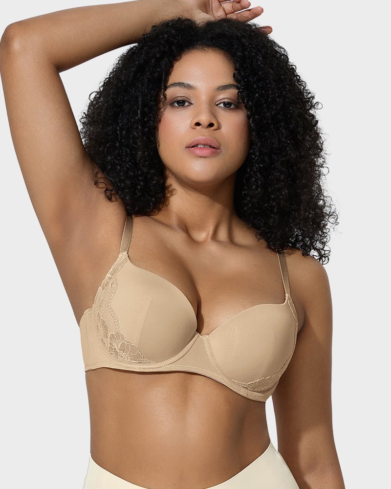 Deep V Lace Trim Full Coverage Push Up Bra - Komfortfit Bra