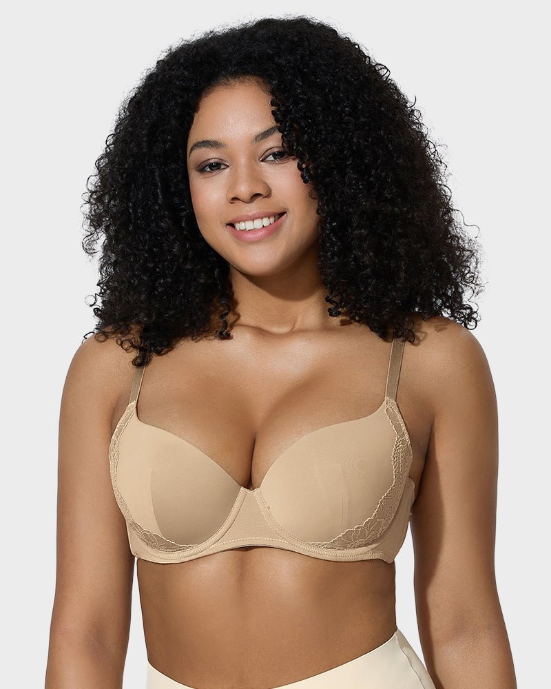 Deep V Lace Trim Full Coverage Push Up Bra - Komfortfit Bra