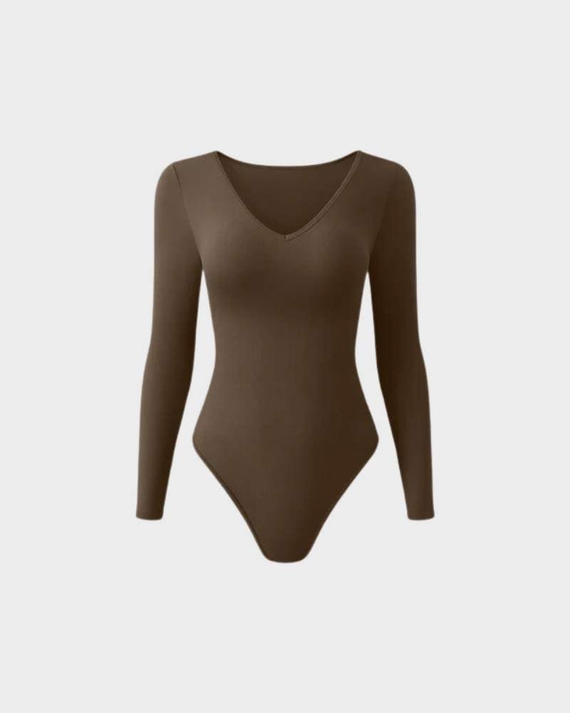 Sexy Ribbed V Neck Long Sleeve Bodysuits - Komfortfit Bra