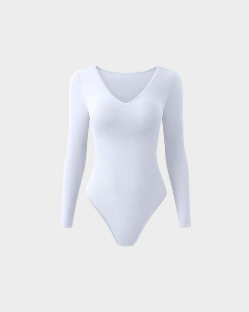 Sexy Ribbed V Neck Long Sleeve Bodysuits - Komfortfit Bra