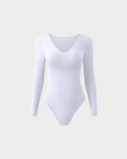 Sexy Ribbed V Neck Long Sleeve Bodysuits - Komfortfit Bra