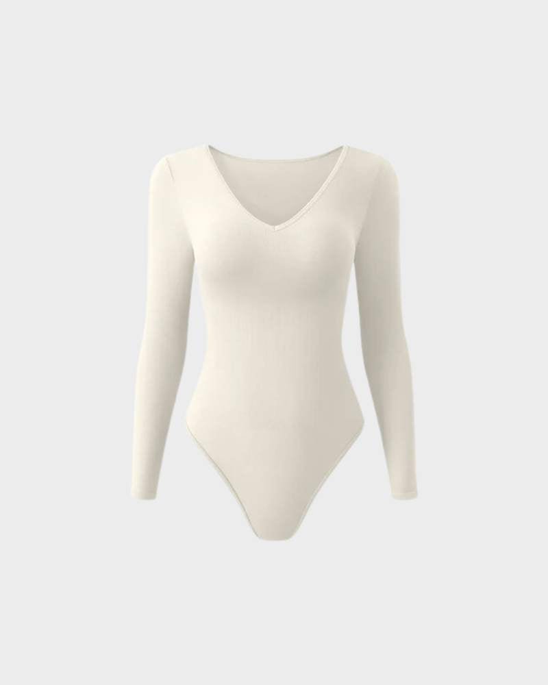 Sexy Ribbed V Neck Long Sleeve Bodysuits - Komfortfit Bra