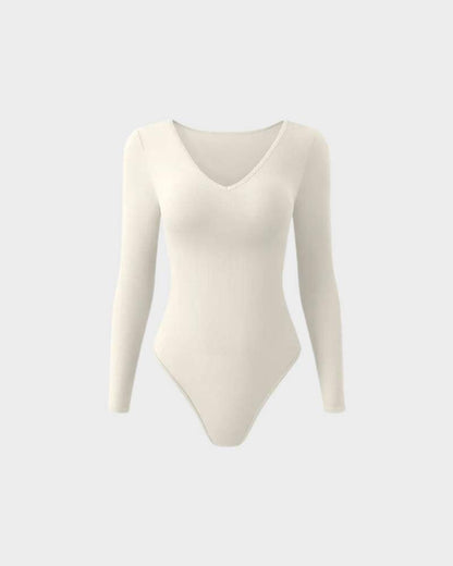 Sexy Ribbed V Neck Long Sleeve Bodysuits - Komfortfit Bra