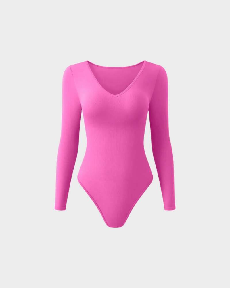 Sexy Ribbed V Neck Long Sleeve Bodysuits - Komfortfit Bra