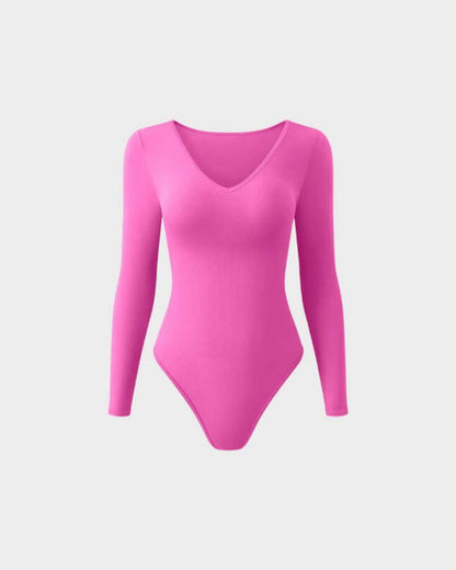 Sexy Ribbed V Neck Long Sleeve Bodysuits - Komfortfit Bra