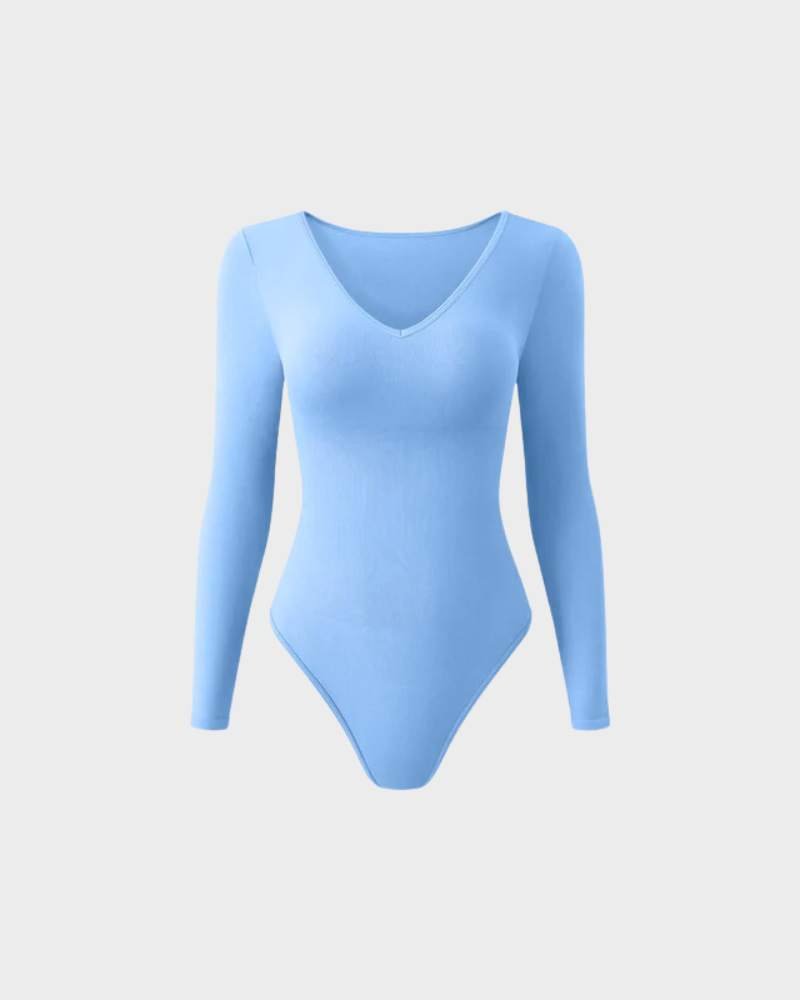 Sexy Ribbed V Neck Long Sleeve Bodysuits - Komfortfit Bra