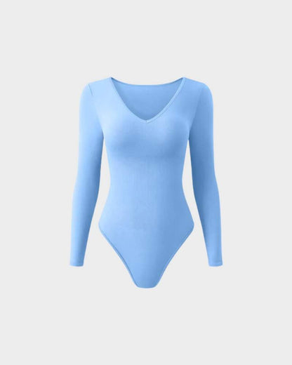 Sexy Ribbed V Neck Long Sleeve Bodysuits - Komfortfit Bra